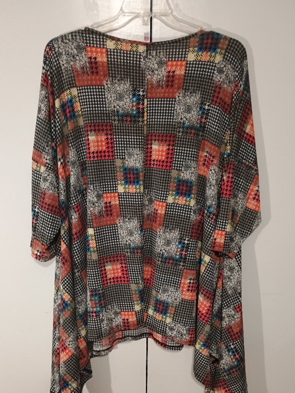 Mixed Print Houndstooth Patchwork Asymmetrical Tunic Blouse 3/4 Sleeve - Picture 3 of 6